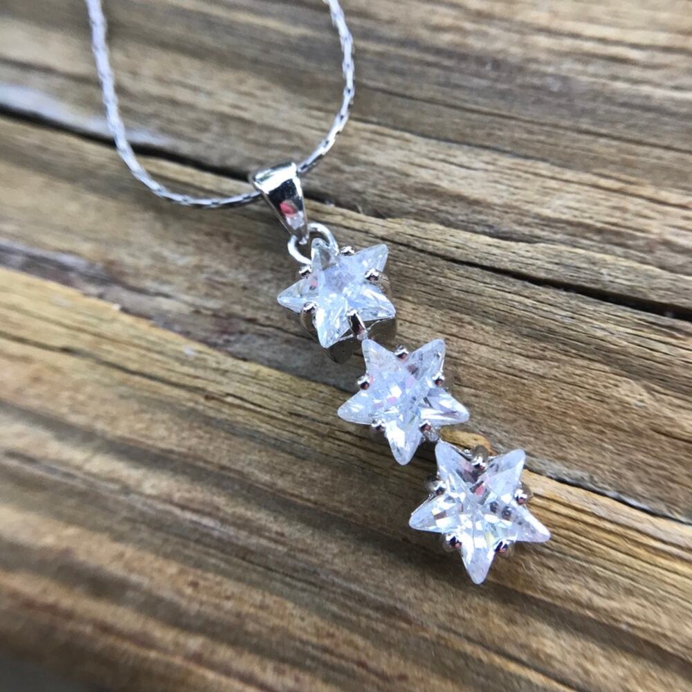 Shining cubic zirconia triple star dainty pendant necklace silver tone